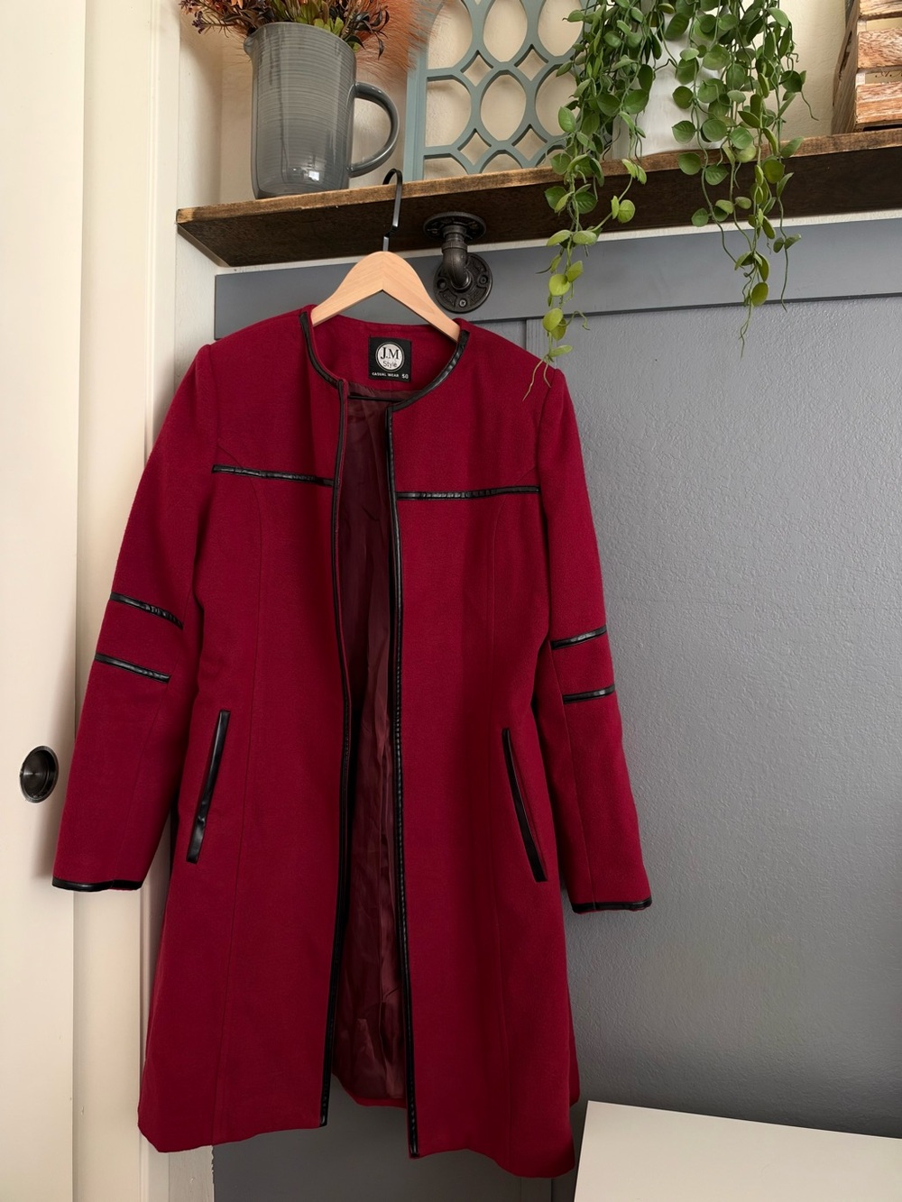 JM Collection Burgundy Long Trench Coat with Black Trim
